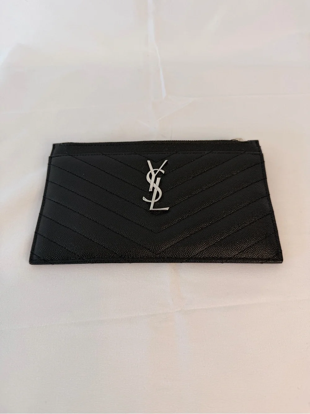 Yves Saint Laurent Black Quilted Chevron Leather Card Pouch with Silver YSL